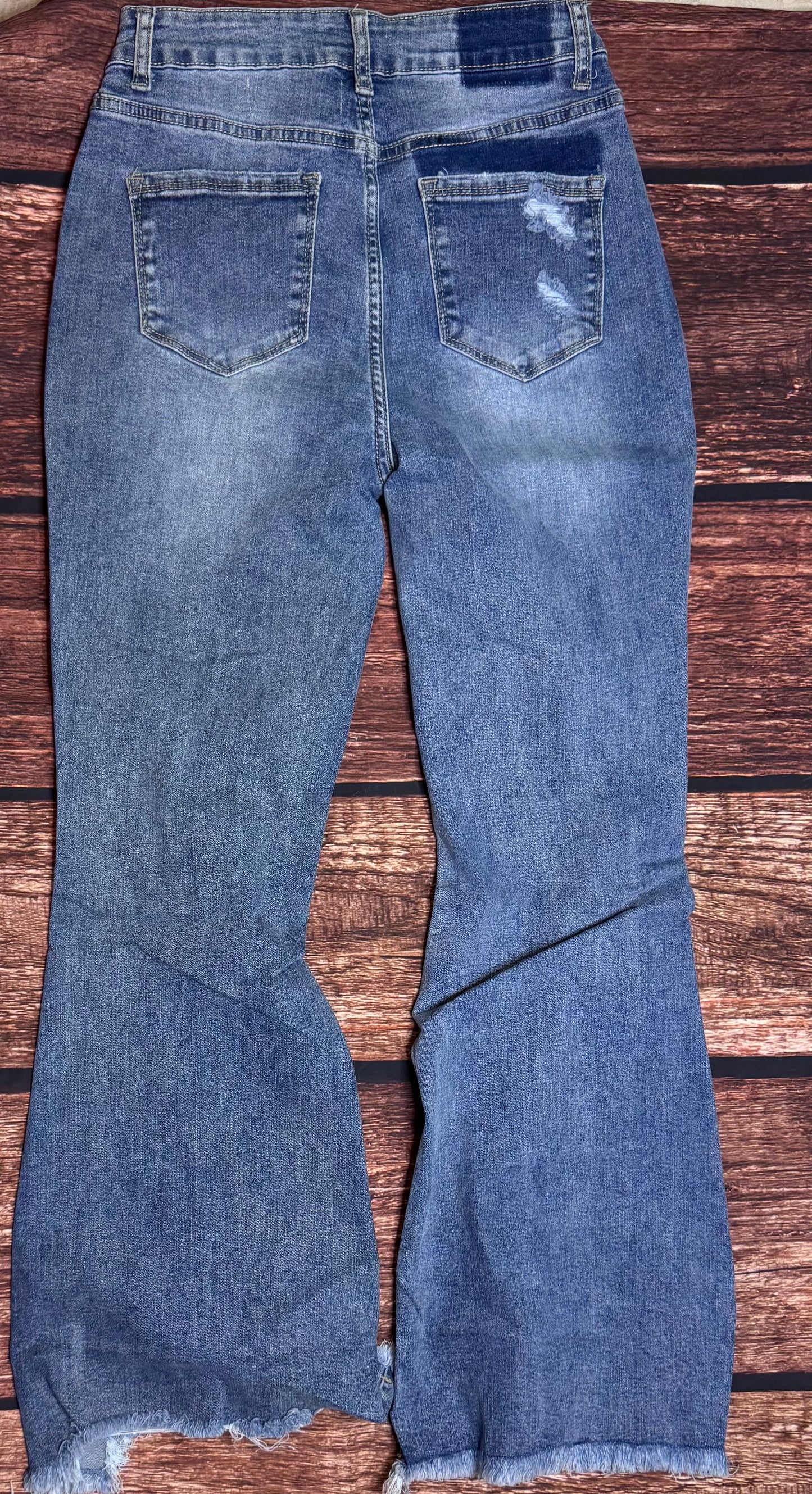 Dusk Blue High Rise Ripped Distressed Hem Flared Jeans