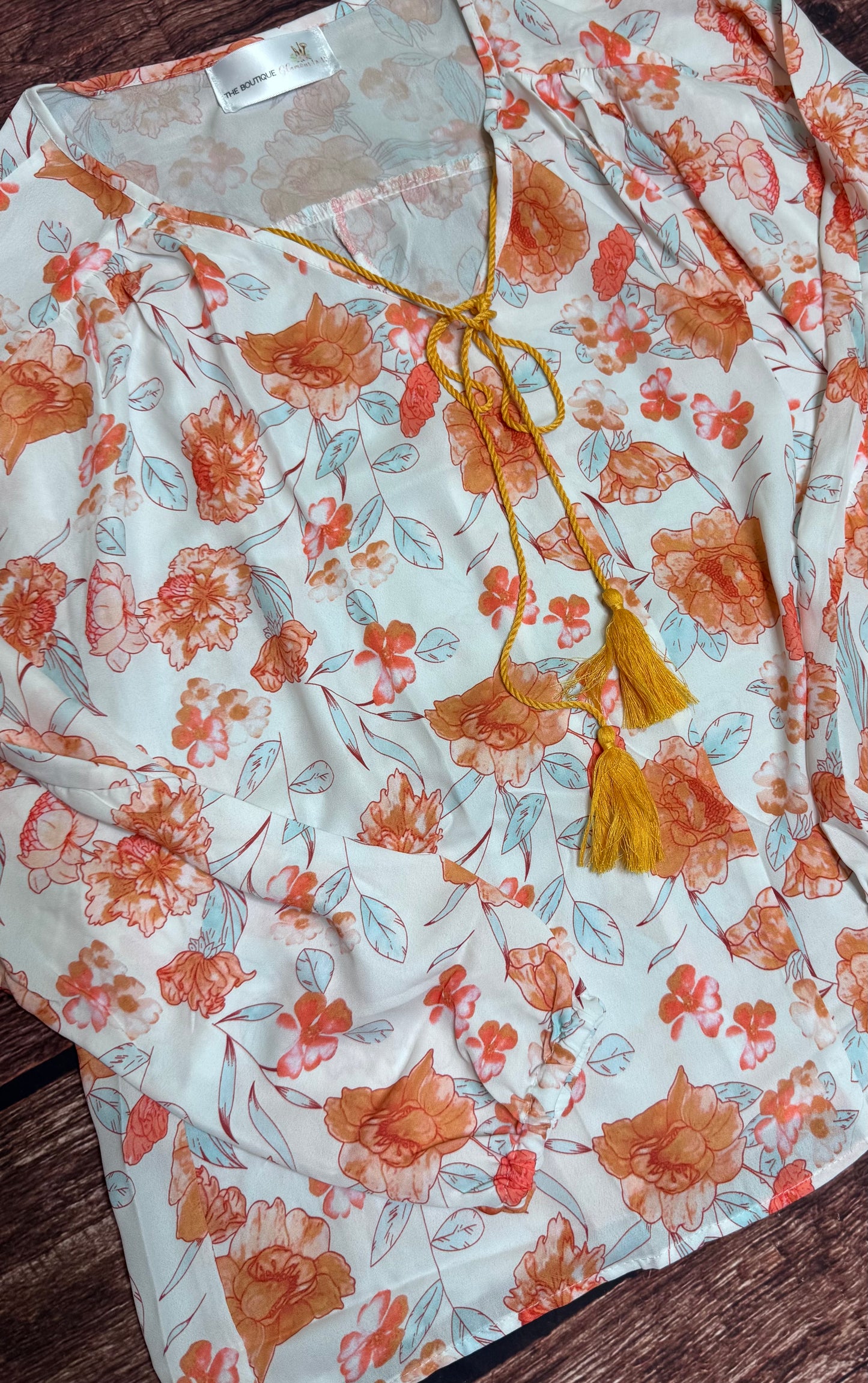 White Tassel Tie V Neck Bubble Sleeve Floral Blouse