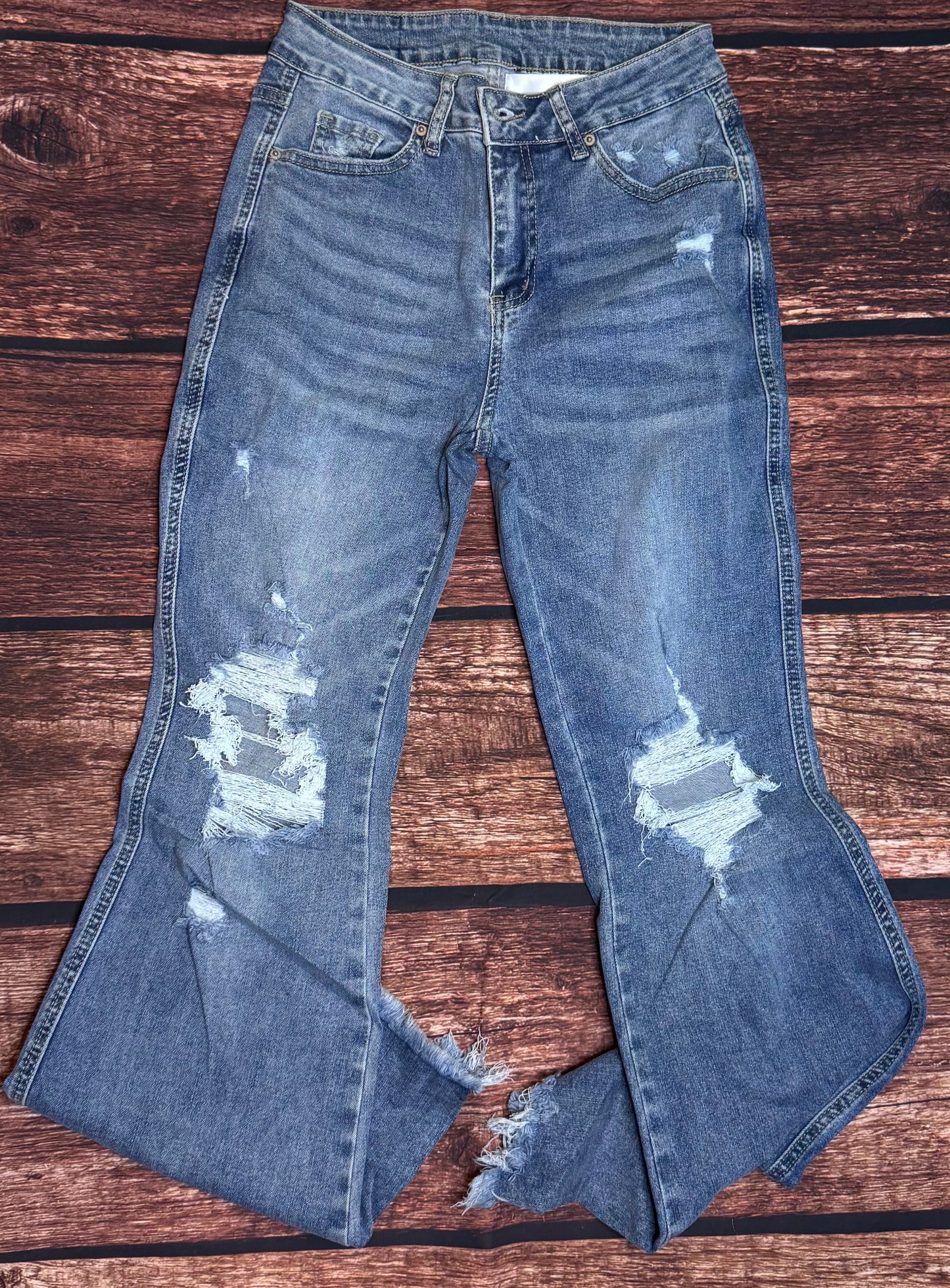 Dusk Blue High Rise Ripped Distressed Hem Flared Jeans