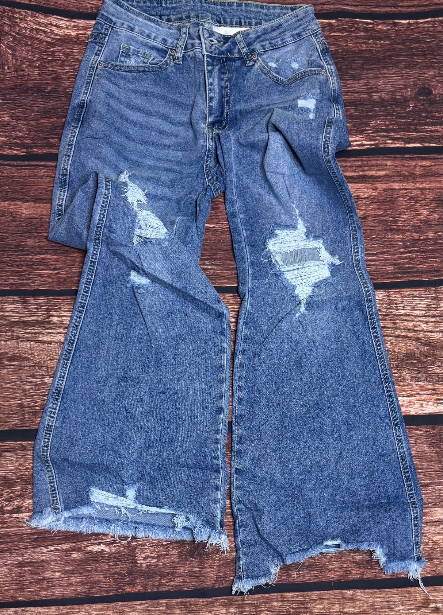 Dusk Blue High Rise Ripped Distressed Hem Flared Jeans