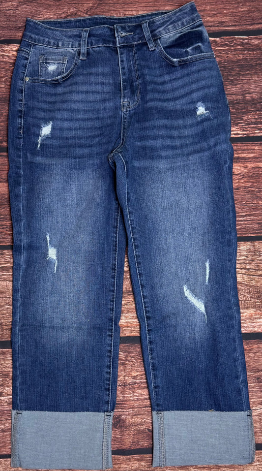 Folded Cuffs Distressed Straight High Waist Jeans