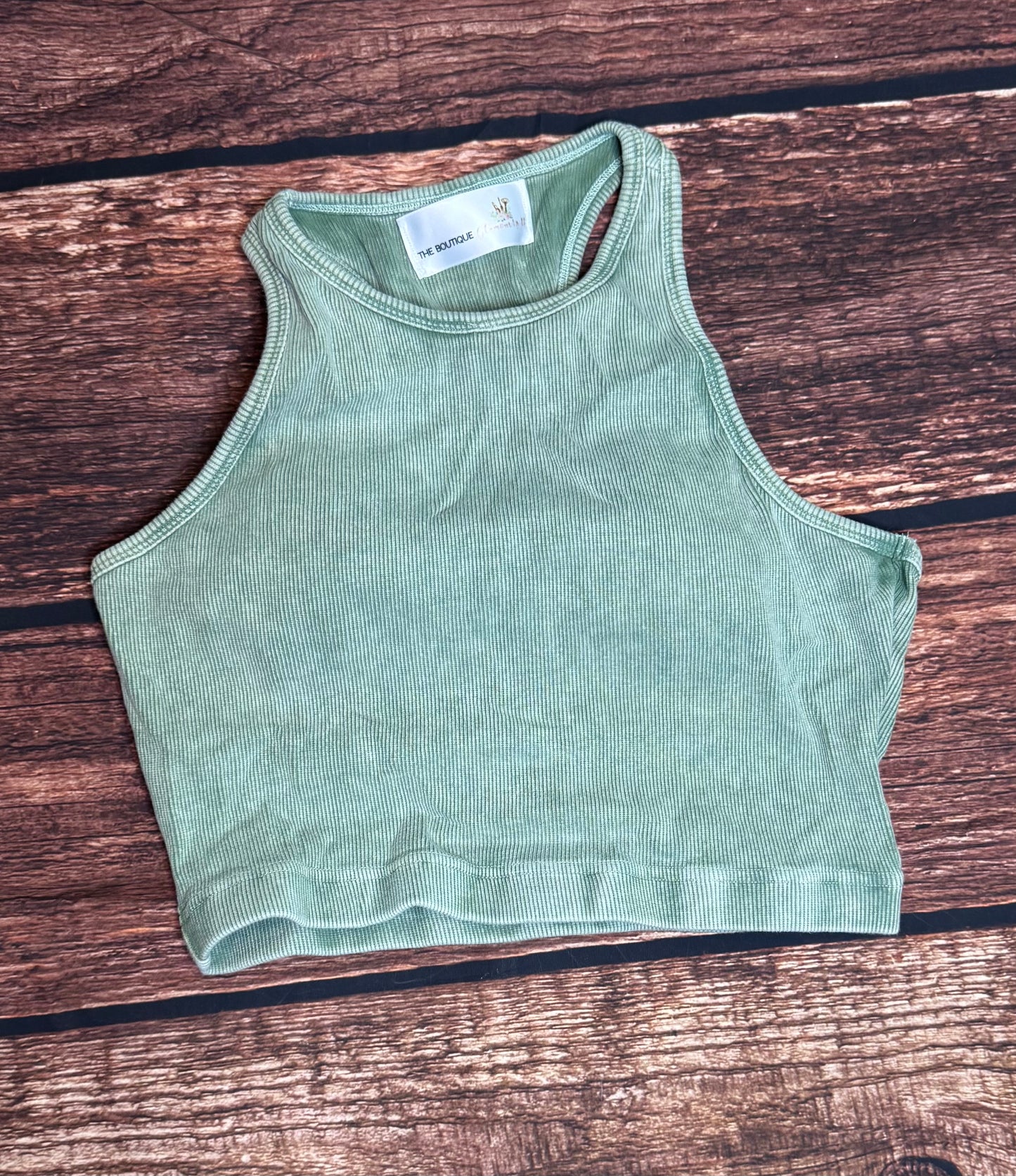Light Grey Ribbed Mineral Wash Racerback Cropped Tank Top