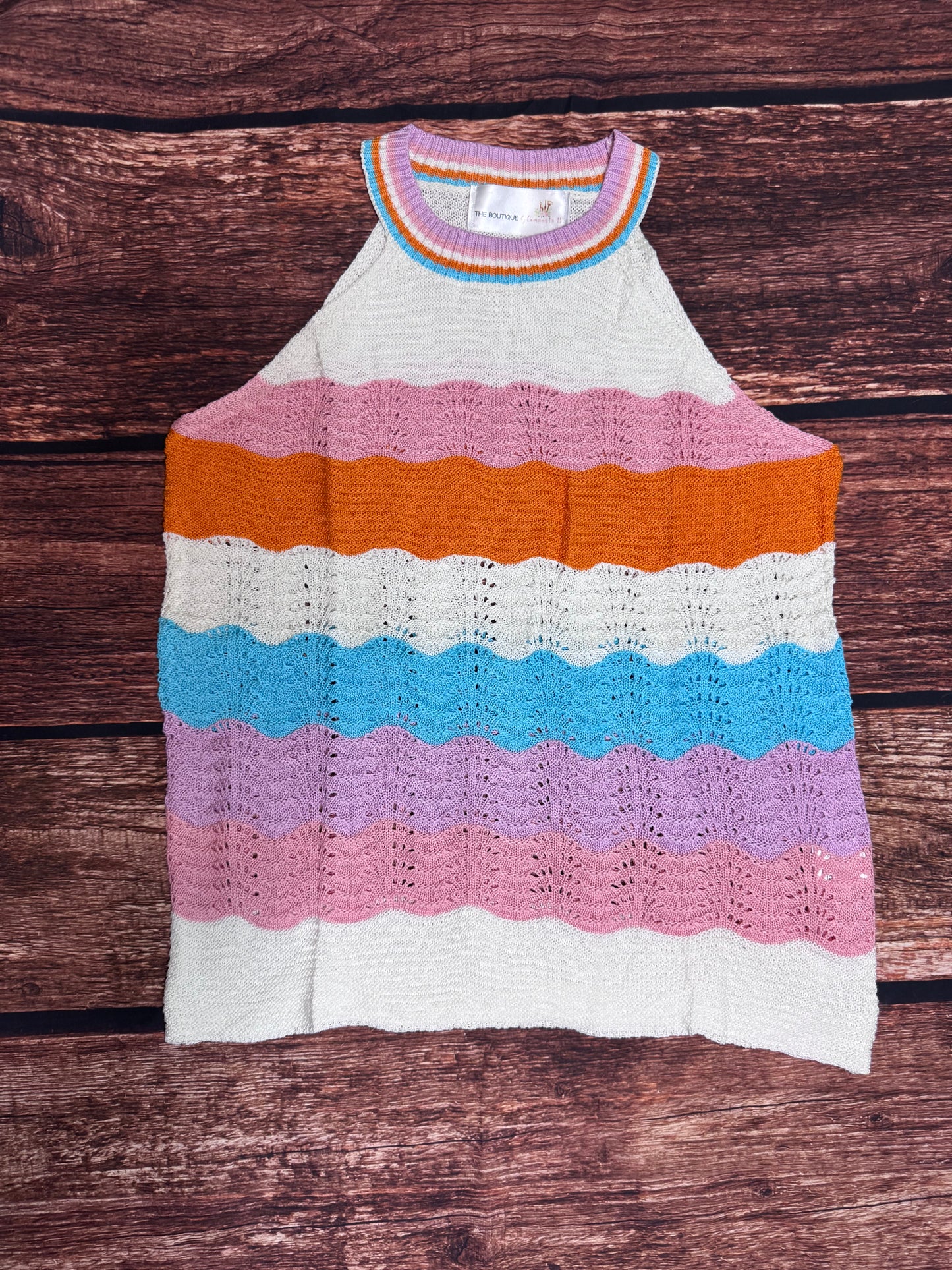 Multicolor Wavy Striped Print Textured Knit Sleeveless Sweater Top