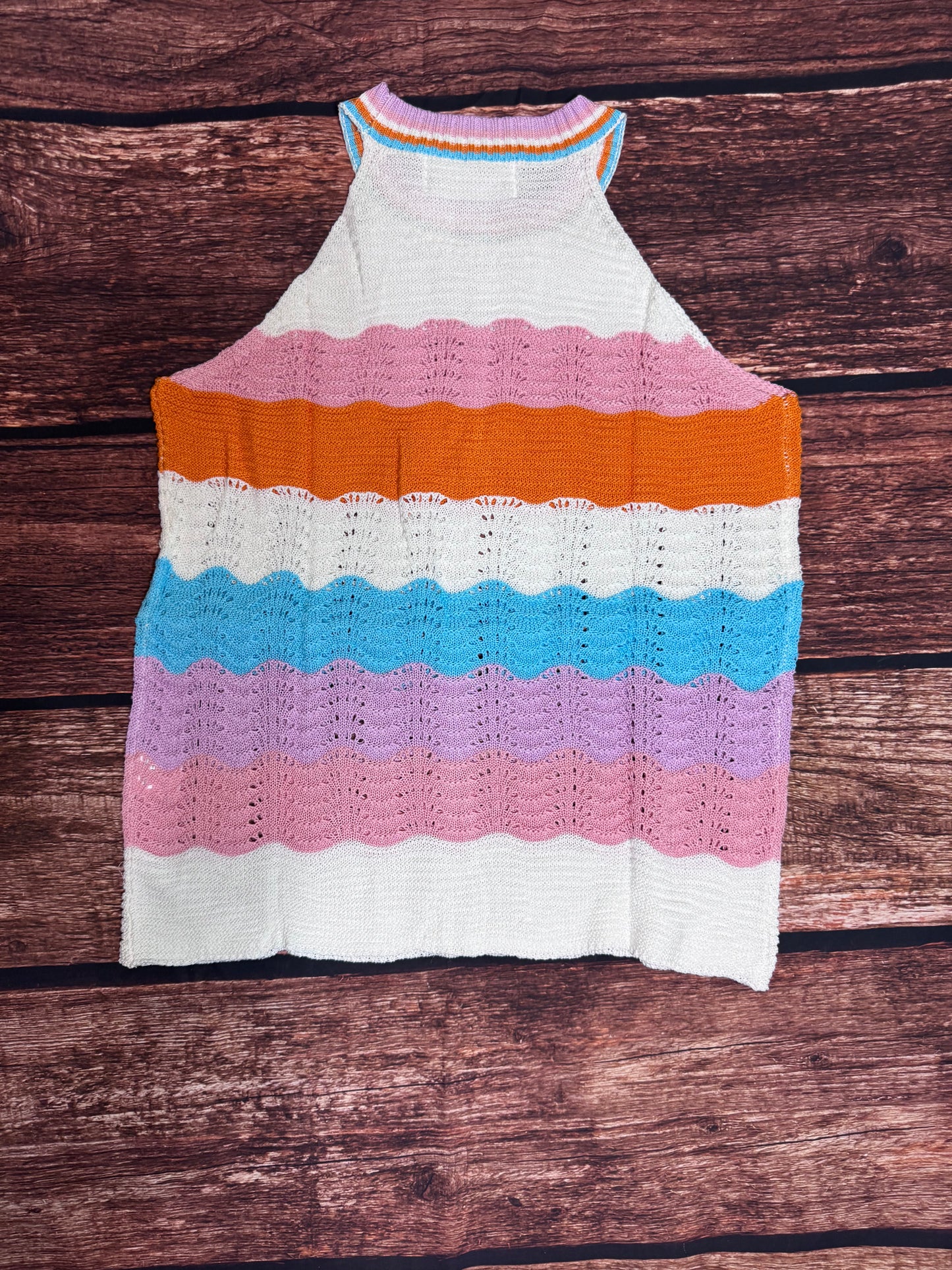 Multicolor Wavy Striped Print Textured Knit Sleeveless Sweater Top