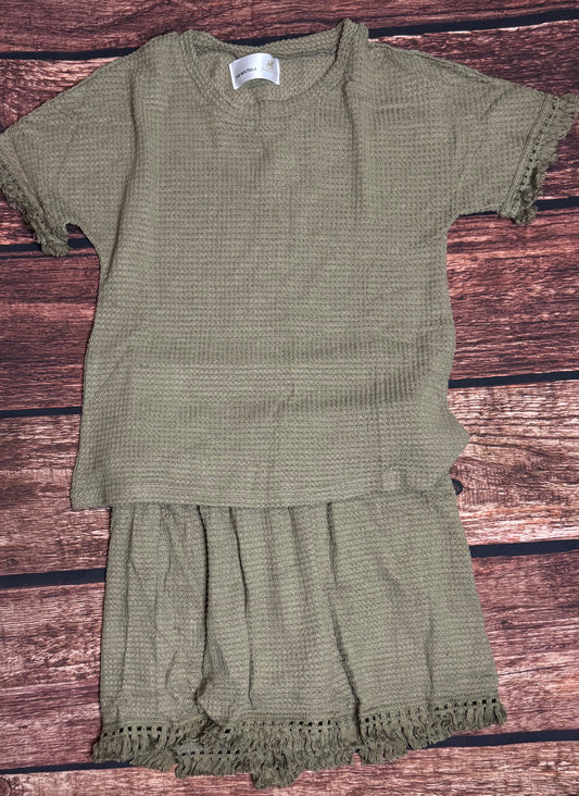 Laurel Green Fringe Trim Textured Short Two Piece Set