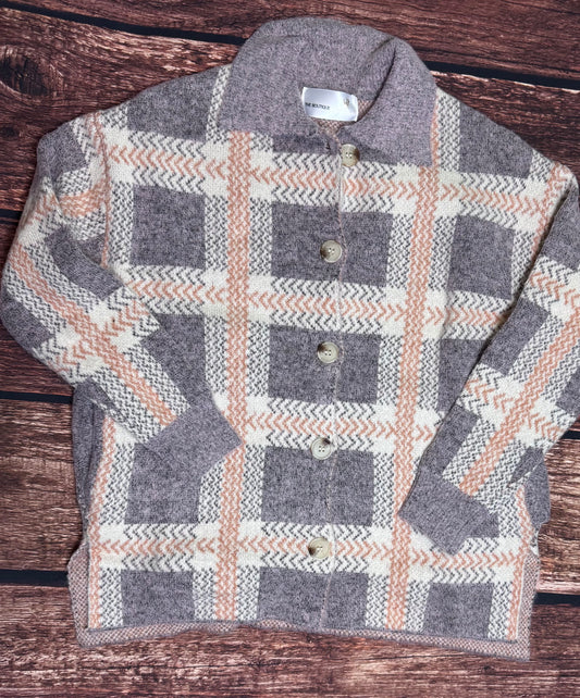 Sky Blue Fuzzy Plaid Collared Button Up Cardigan