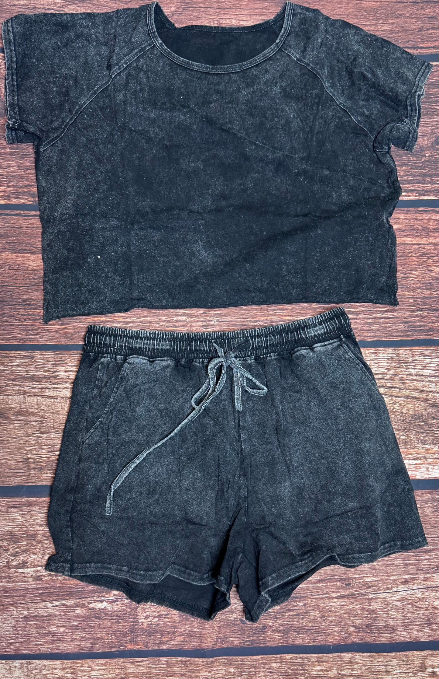 Black Acid Washed Short Lounge Set