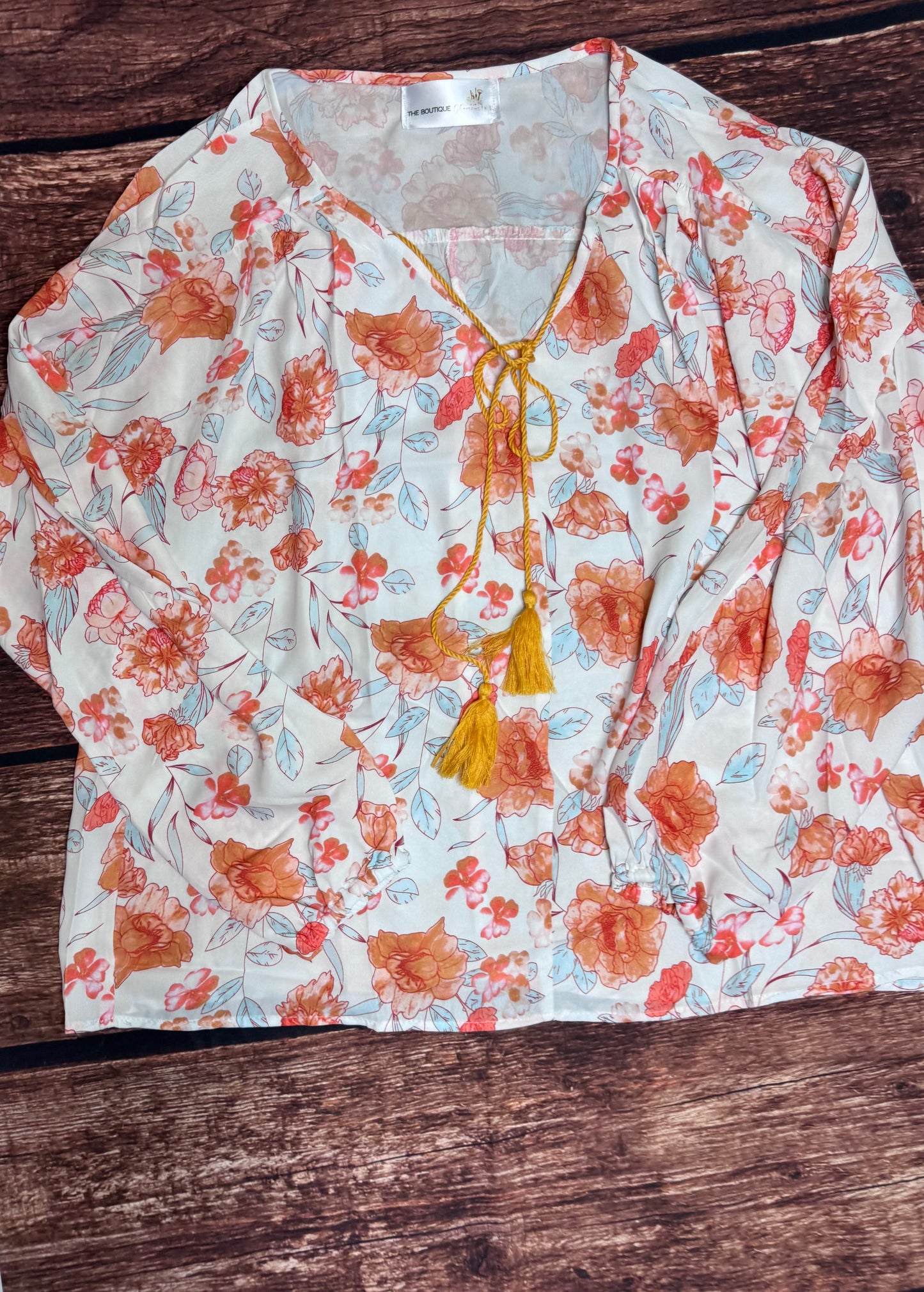 White Tassel Tie V Neck Bubble Sleeve Floral Blouse