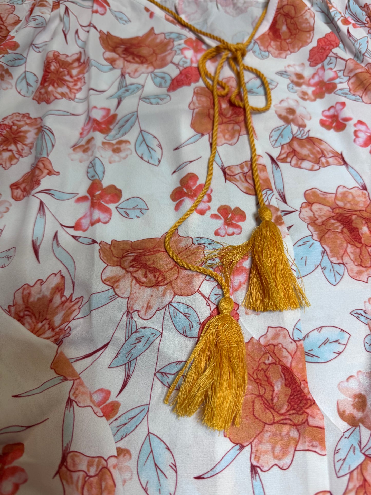 White Tassel Tie V Neck Bubble Sleeve Floral Blouse