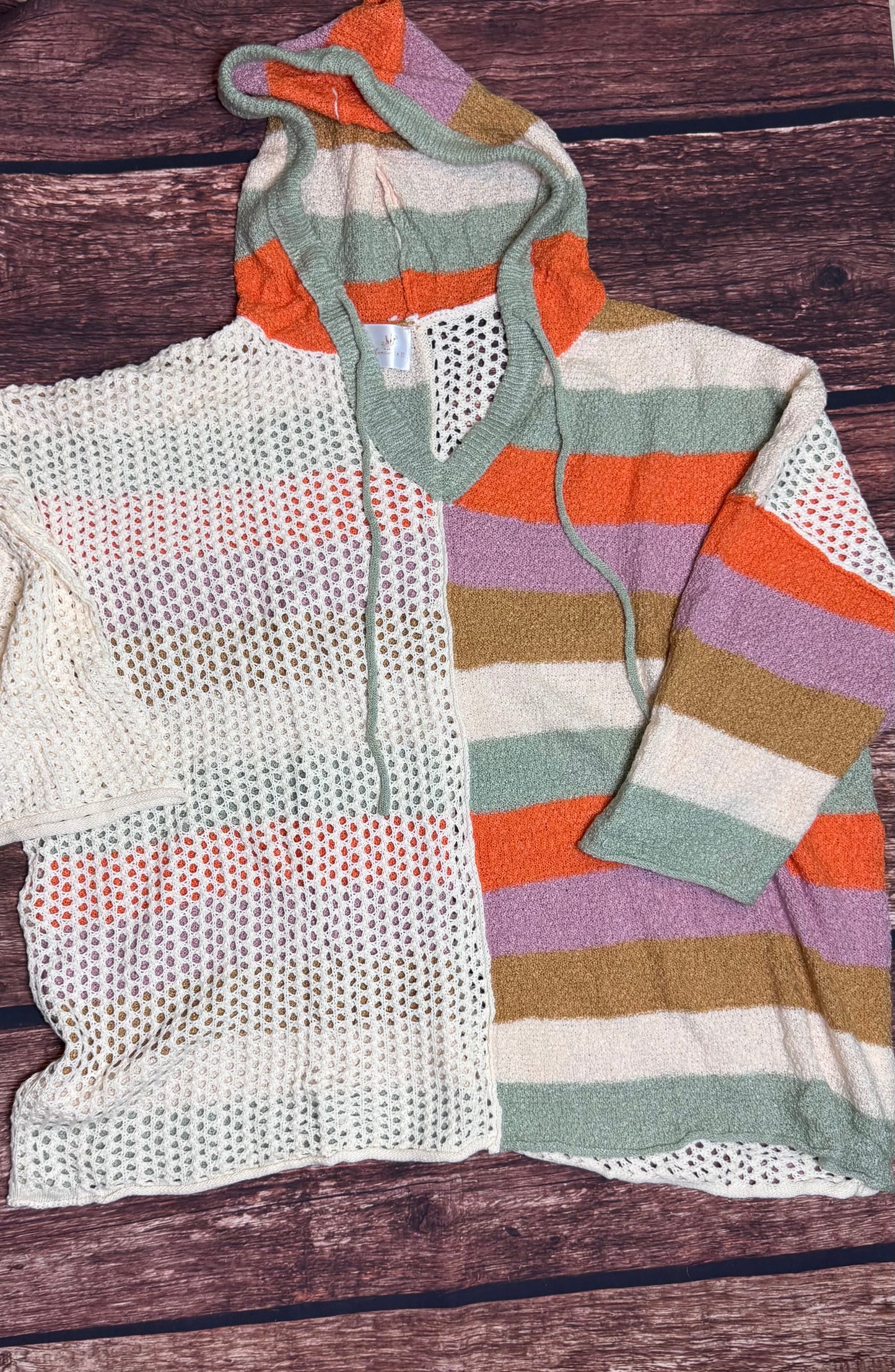 Beige Oversized Color block V Neck Hooded Sweater