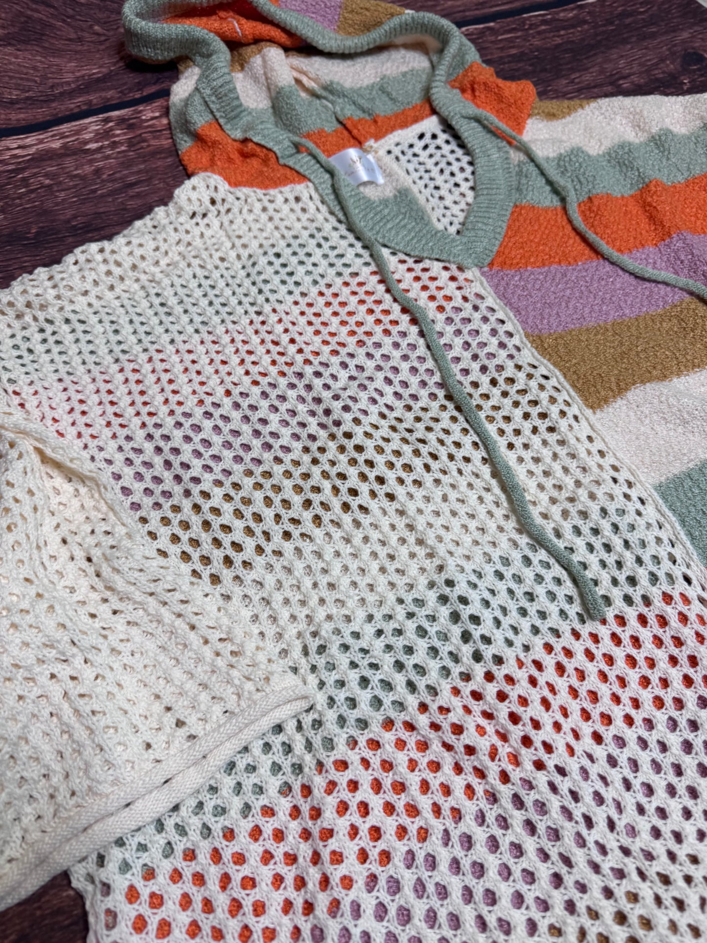 Beige Oversized Color block V Neck Hooded Sweater