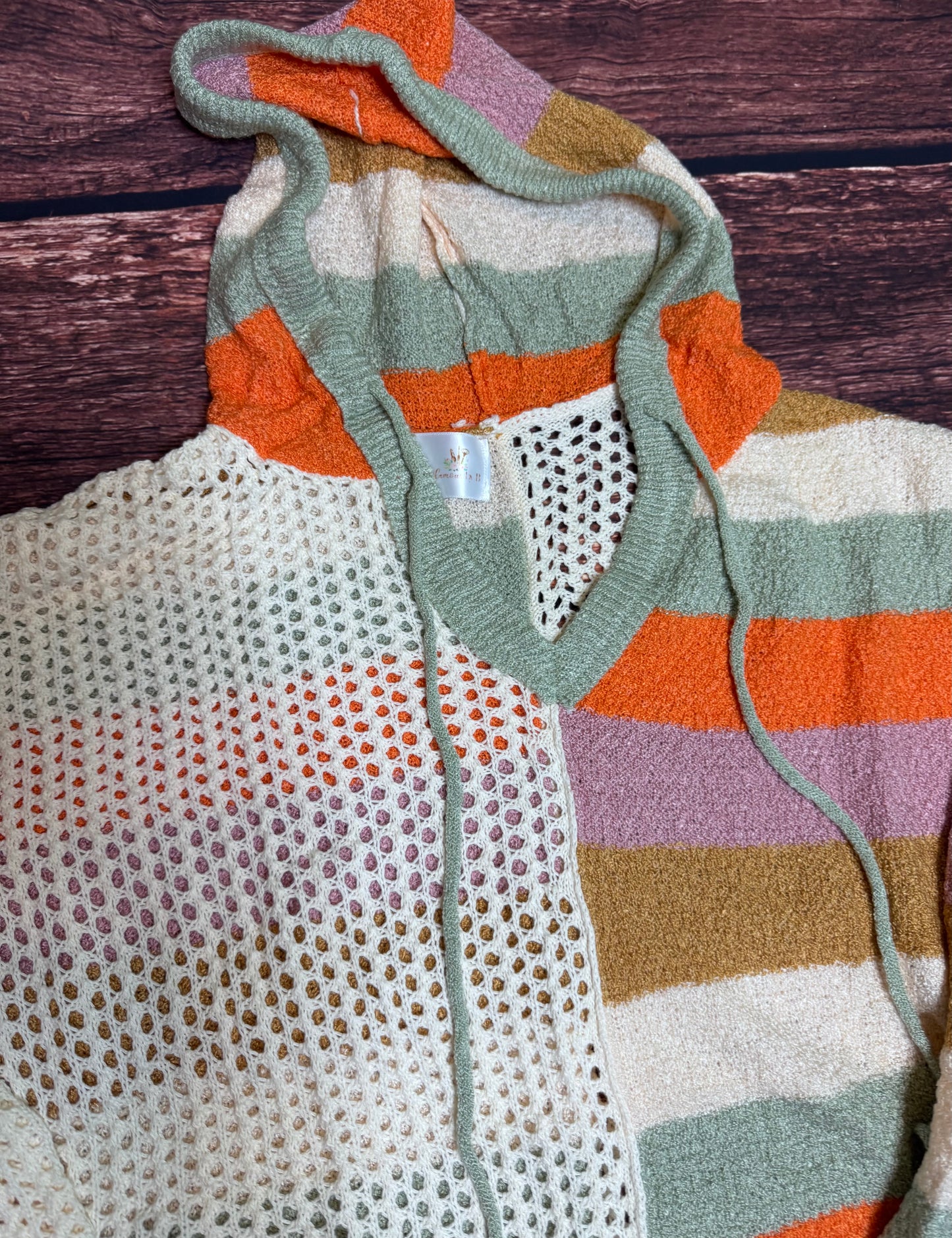 Beige Oversized Color block V Neck Hooded Sweater