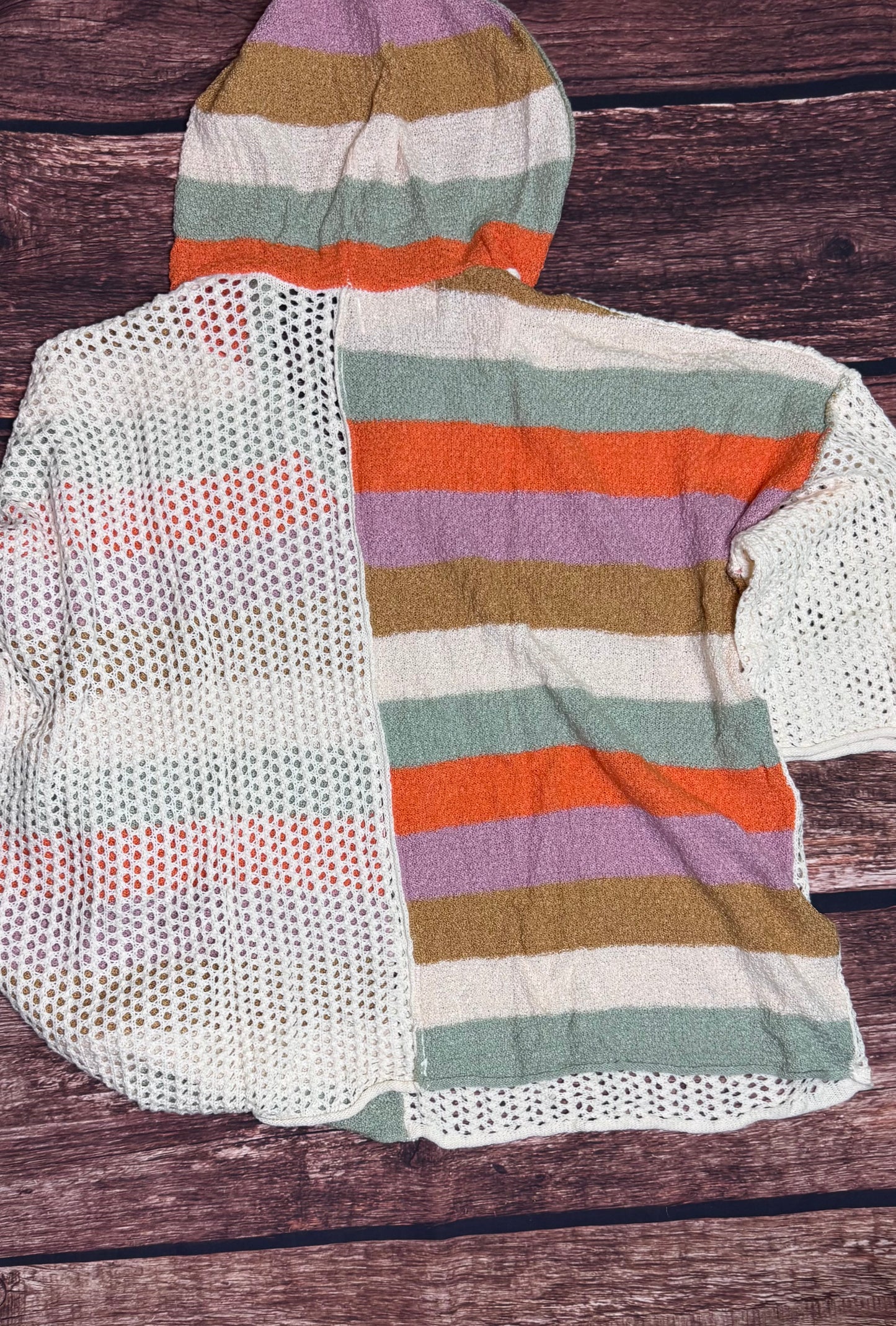 Beige Oversized Color block V Neck Hooded Sweater