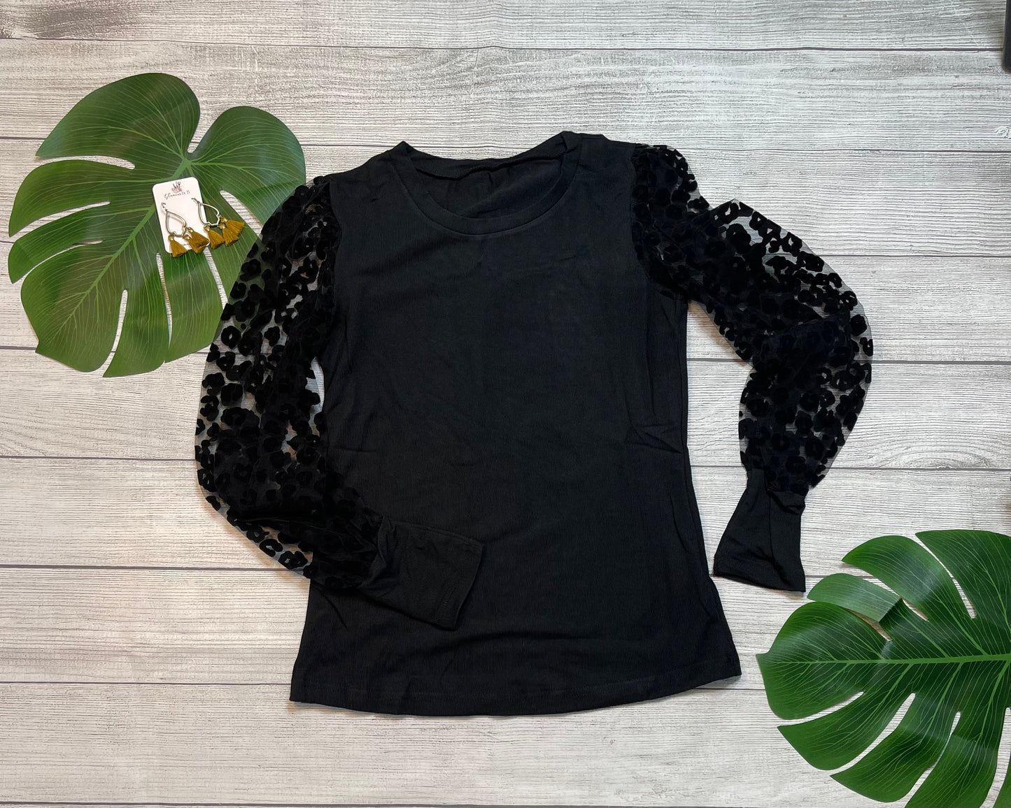 Black Leopard Mesh Puff Sleeve Top