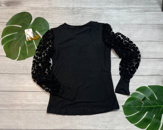 Black Leopard Mesh Puff Sleeve Top
