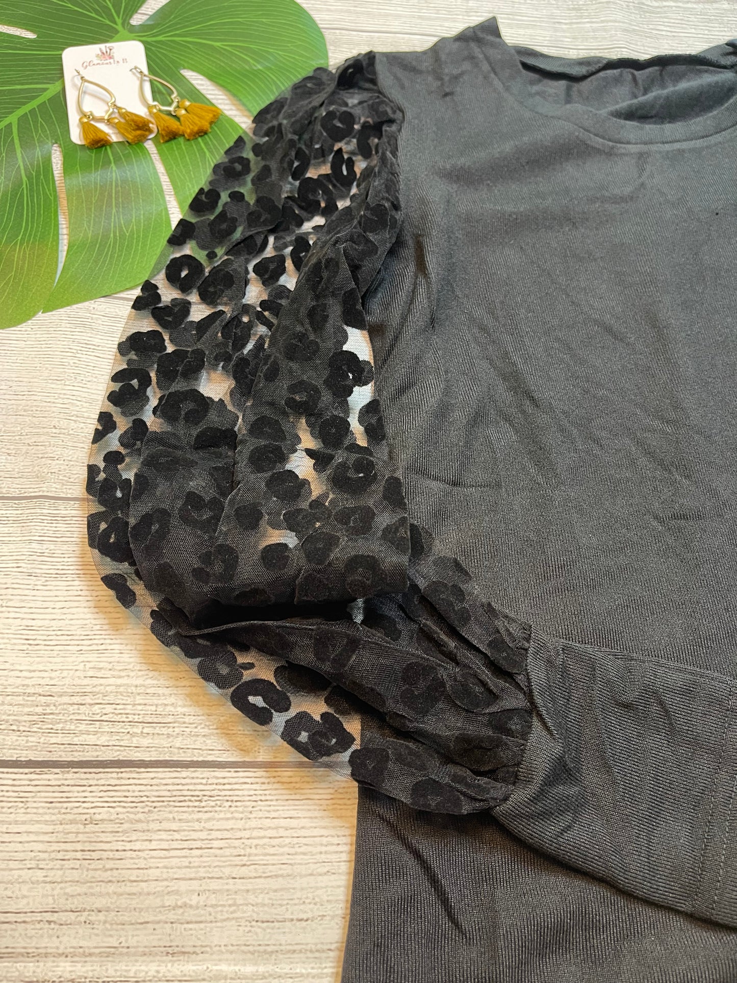 Black Leopard Mesh Puff Sleeve Top
