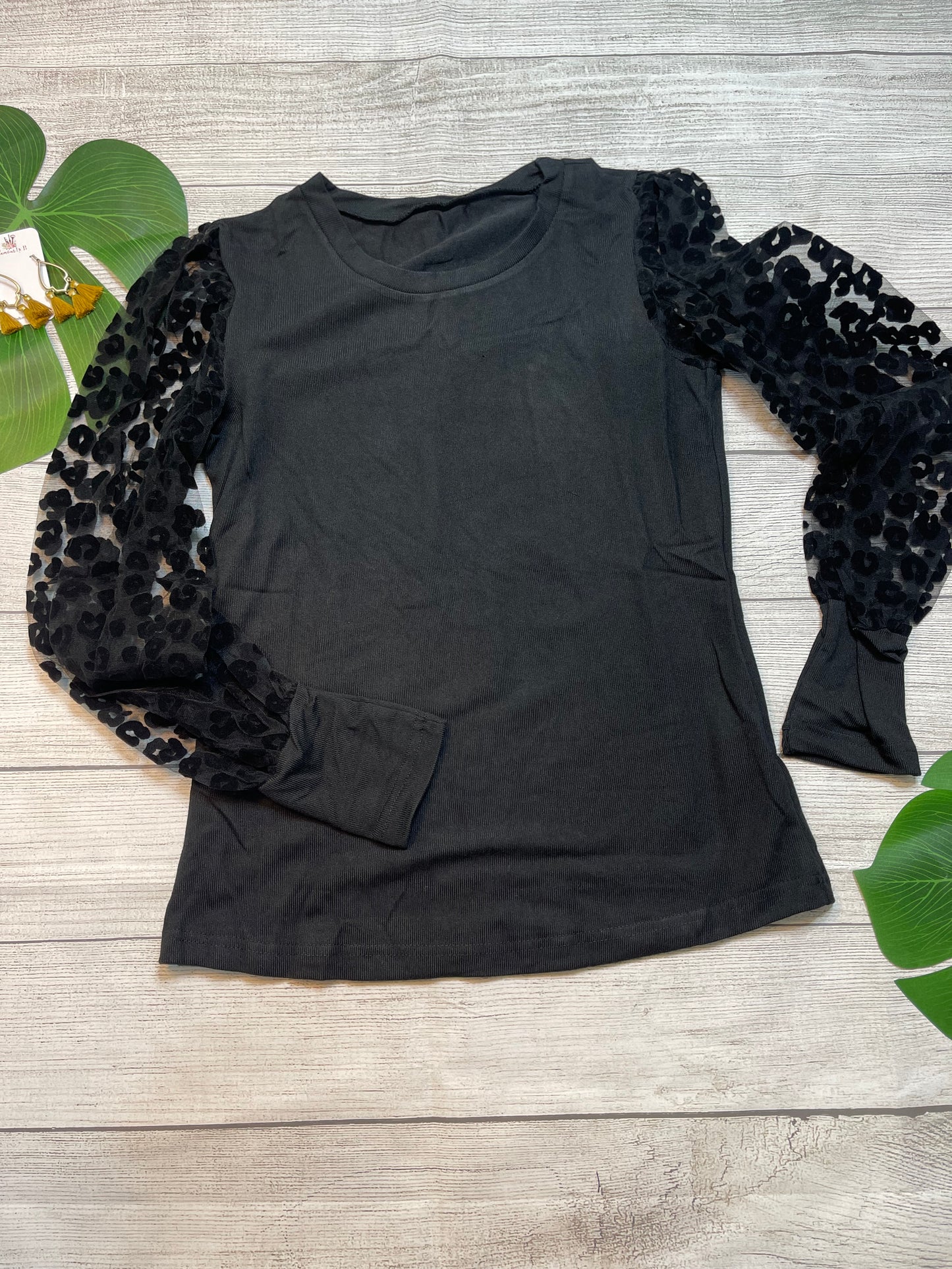 Black Leopard Mesh Puff Sleeve Top
