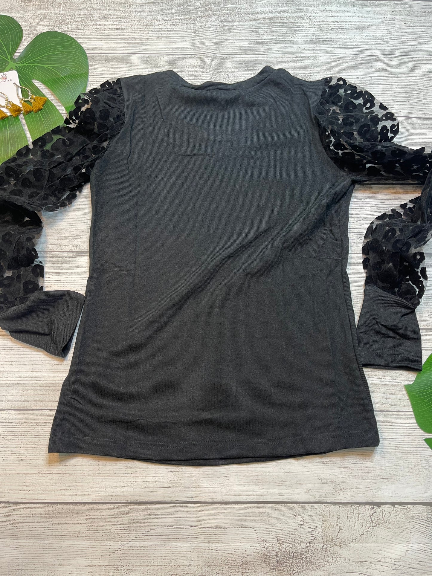 Black Leopard Mesh Puff Sleeve Top