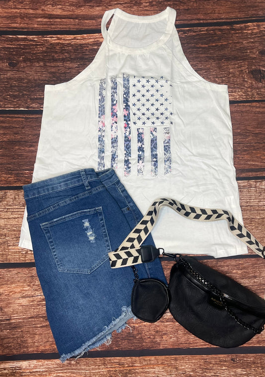 White Floral Detail American Flag Top