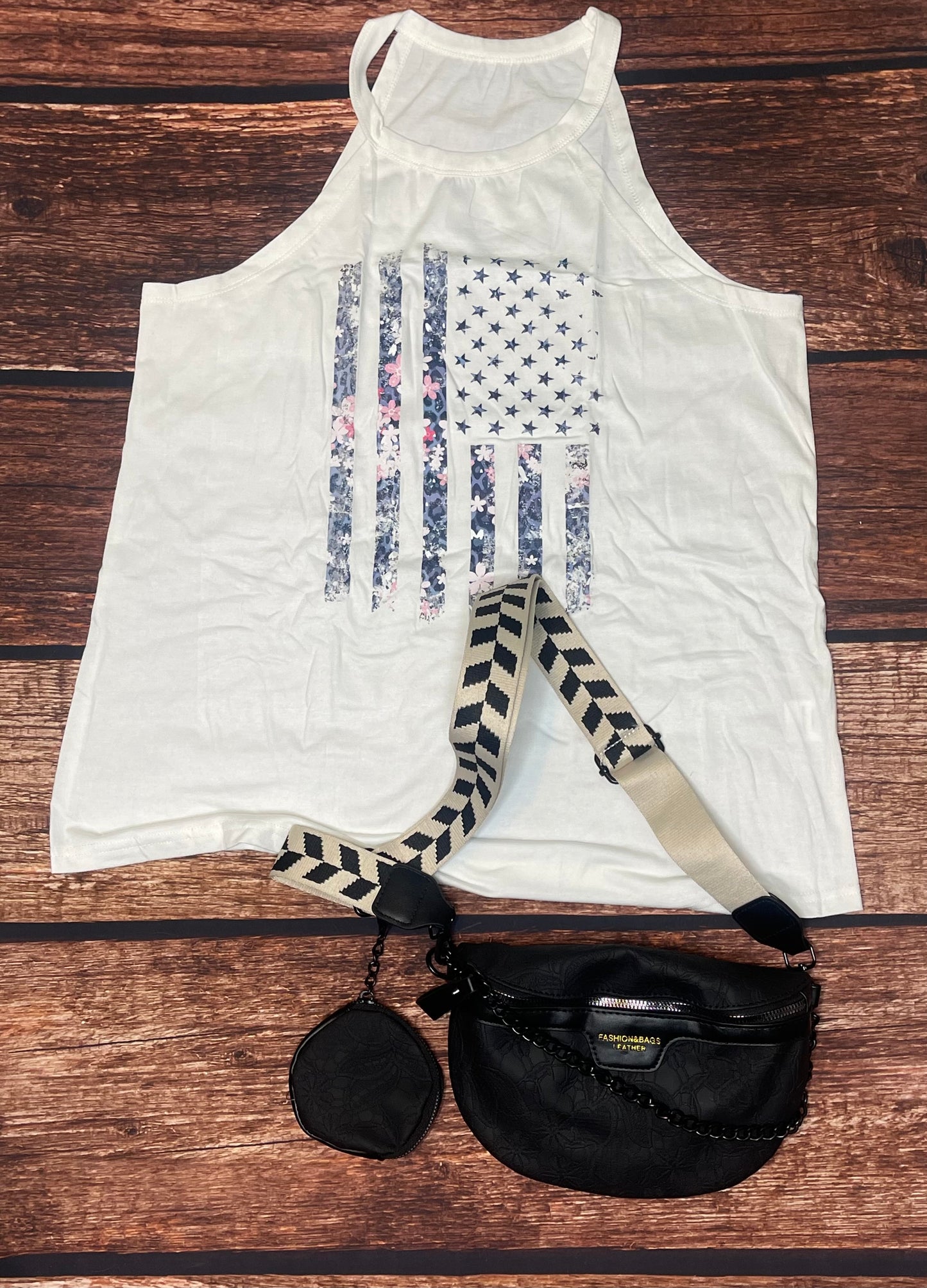 White Floral Detail American Flag Top