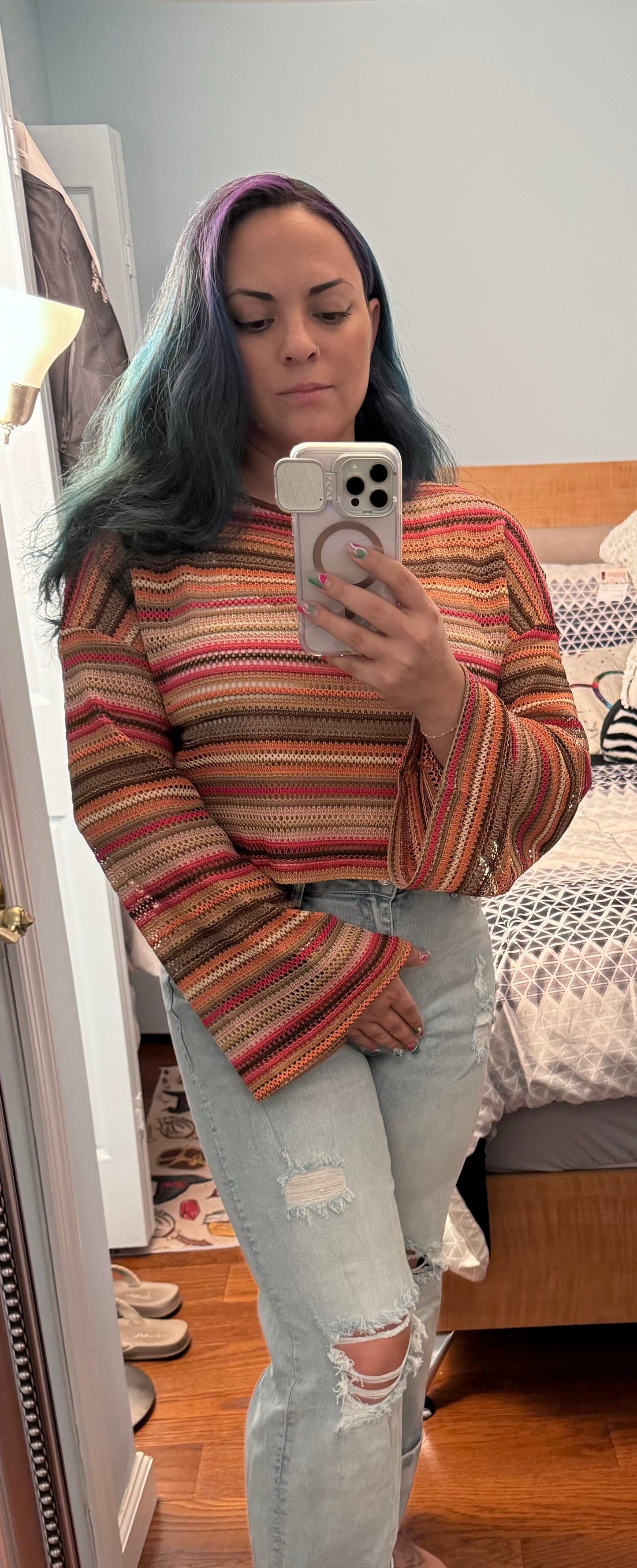 Rose Striped Wide Cropped Long Sleeve Top